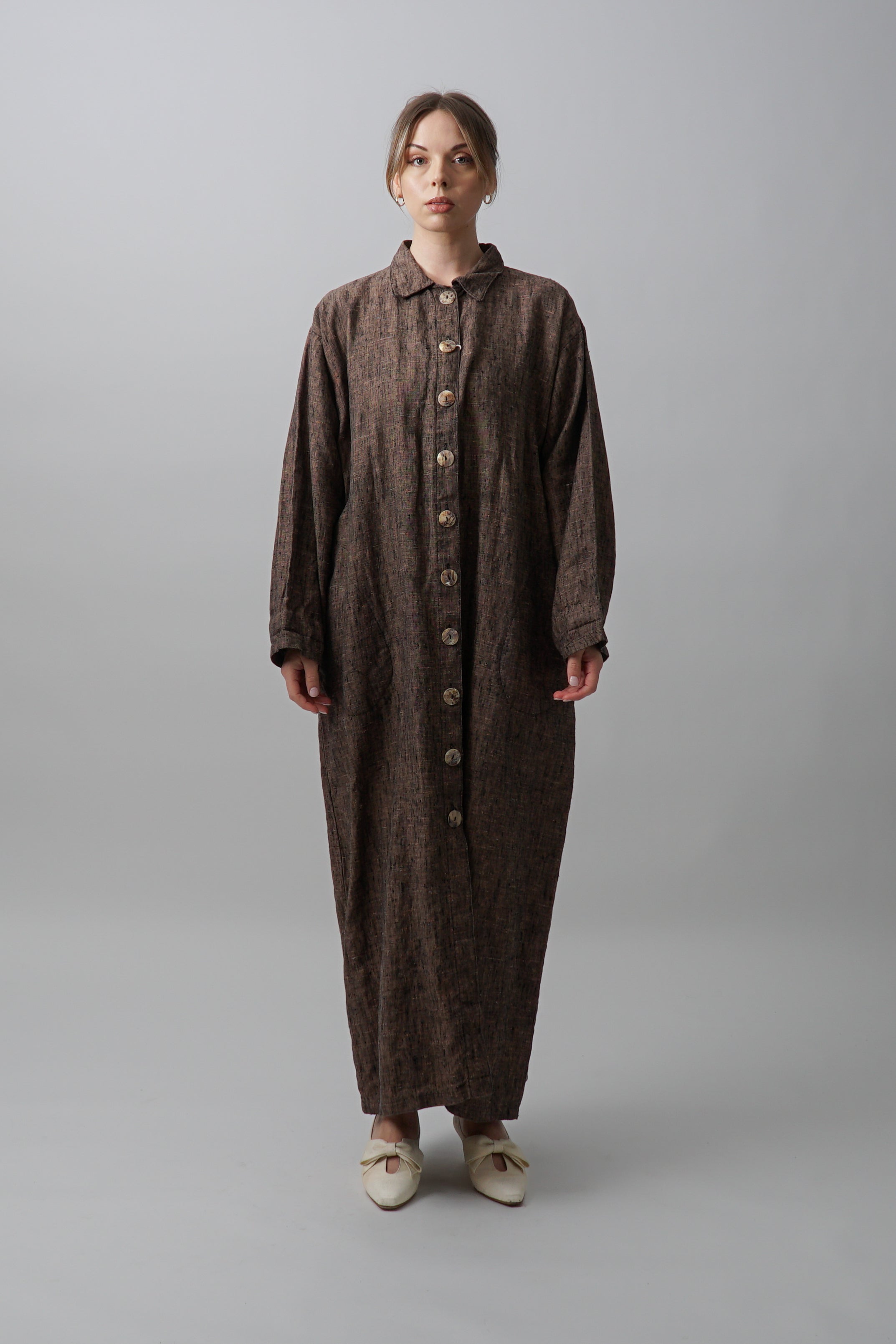 Vintage Brown 100% Linen Maxi Shirt Dress
