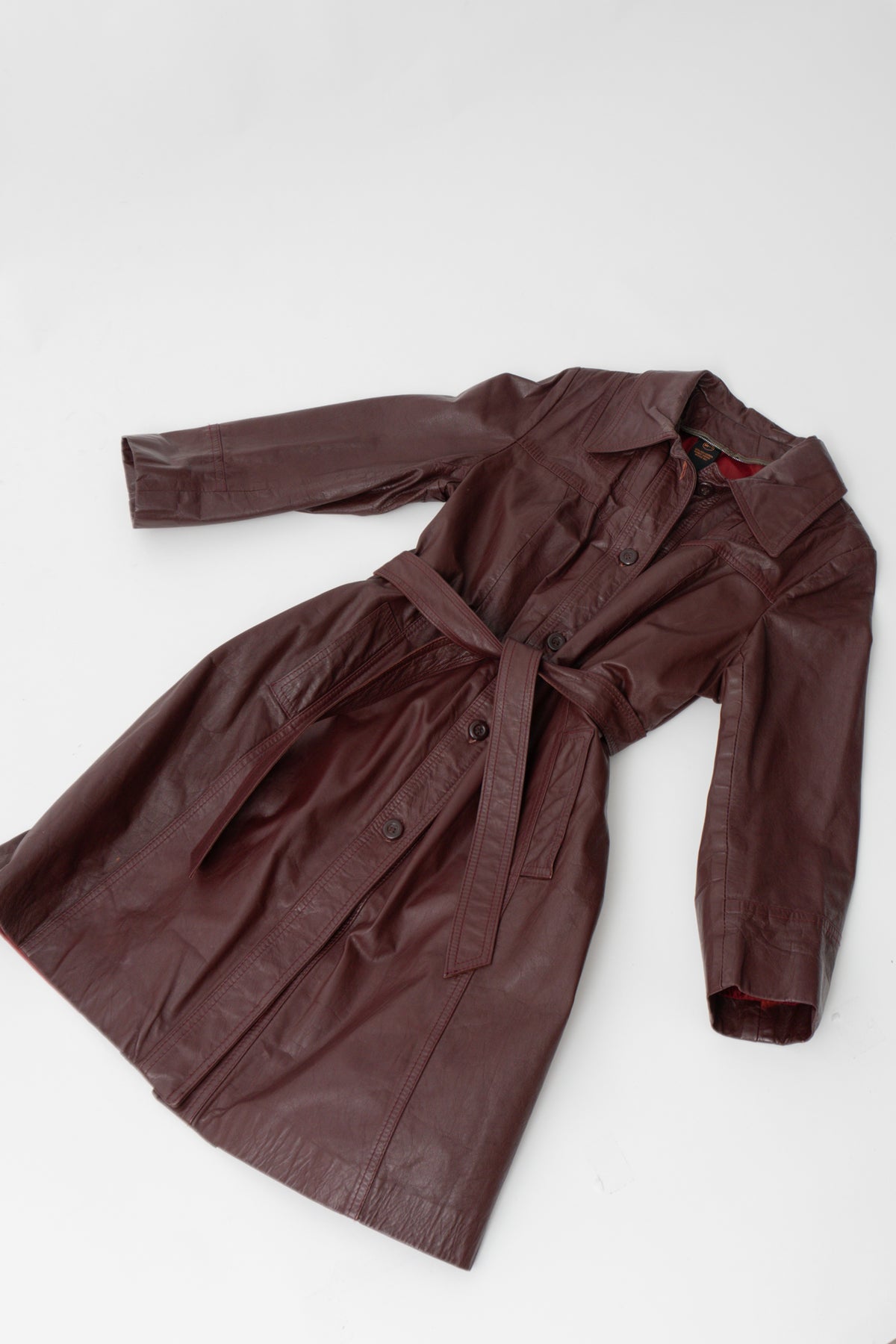 Vintage 100% Leather Oxblood Cherry Red Trench Jacket