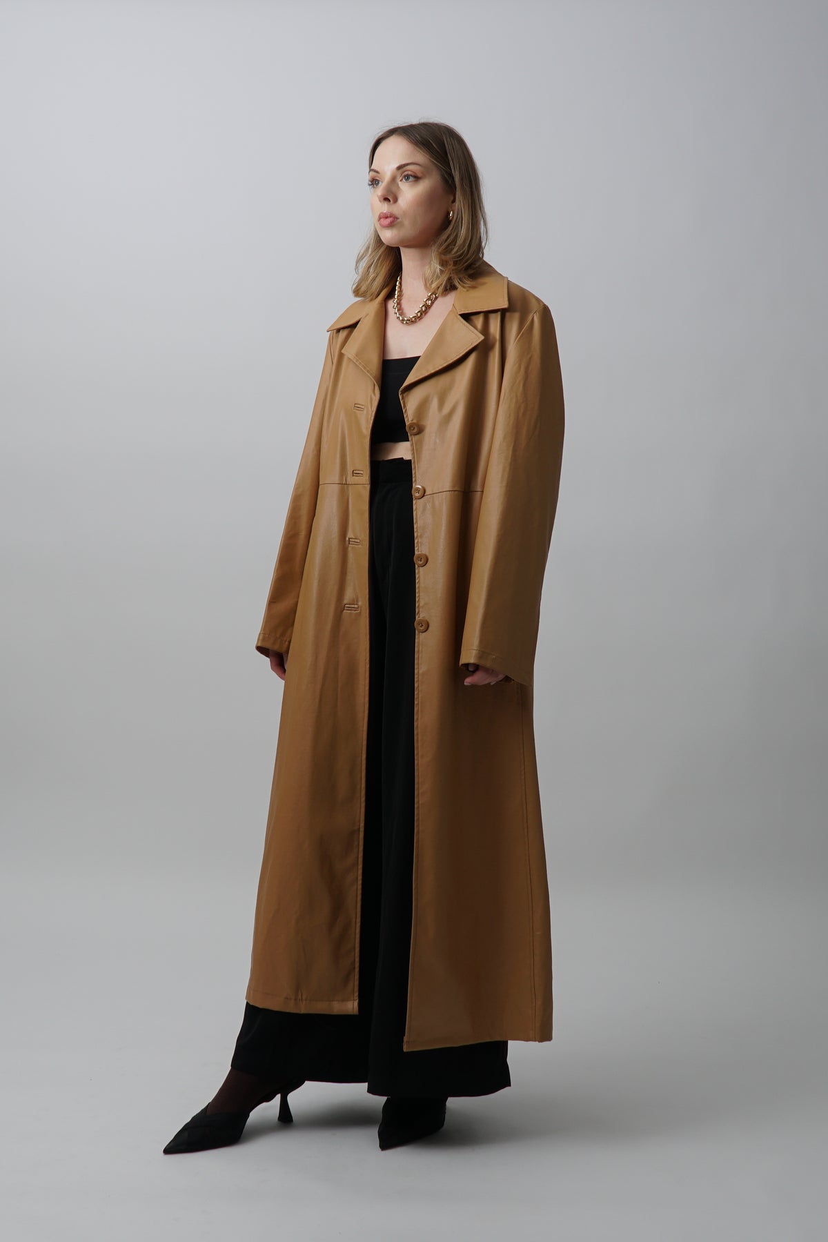 Vintage Tan Faux Leather Longline Trench Jacket
