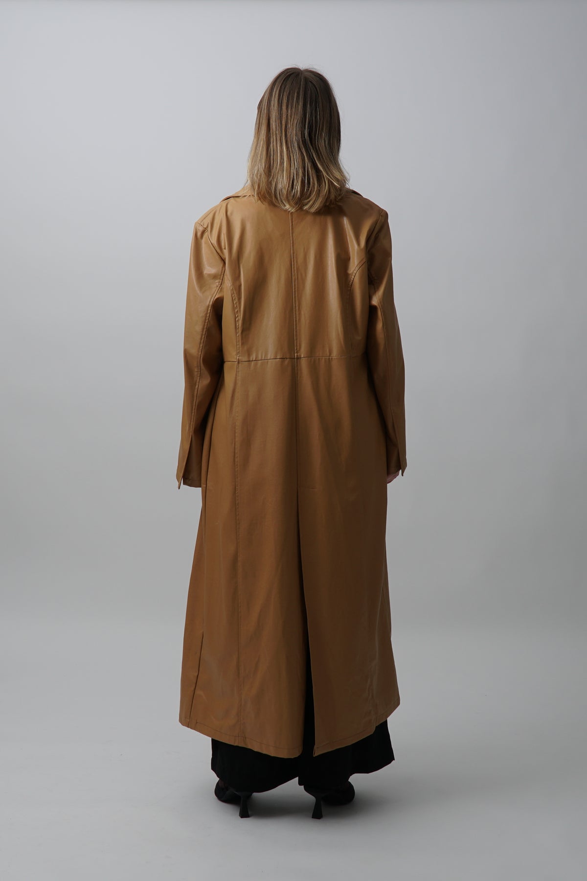 Vintage Tan Faux Leather Longline Trench Jacket