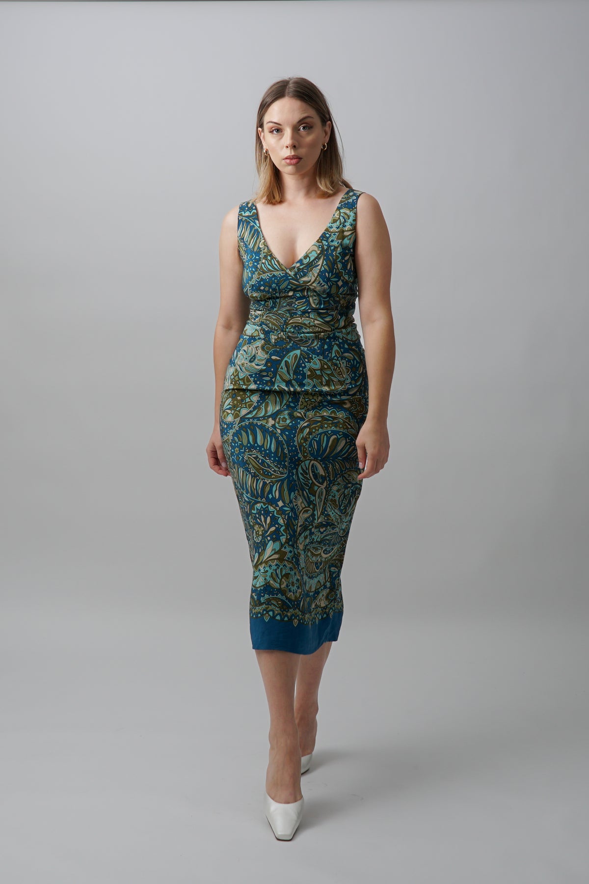 Vintage 100% Silk Botanical Paisley V Neck Dress