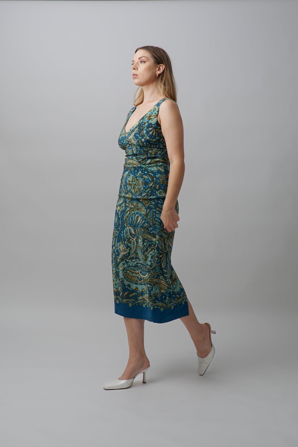 Vintage 100% Silk Botanical Paisley V Neck Dress