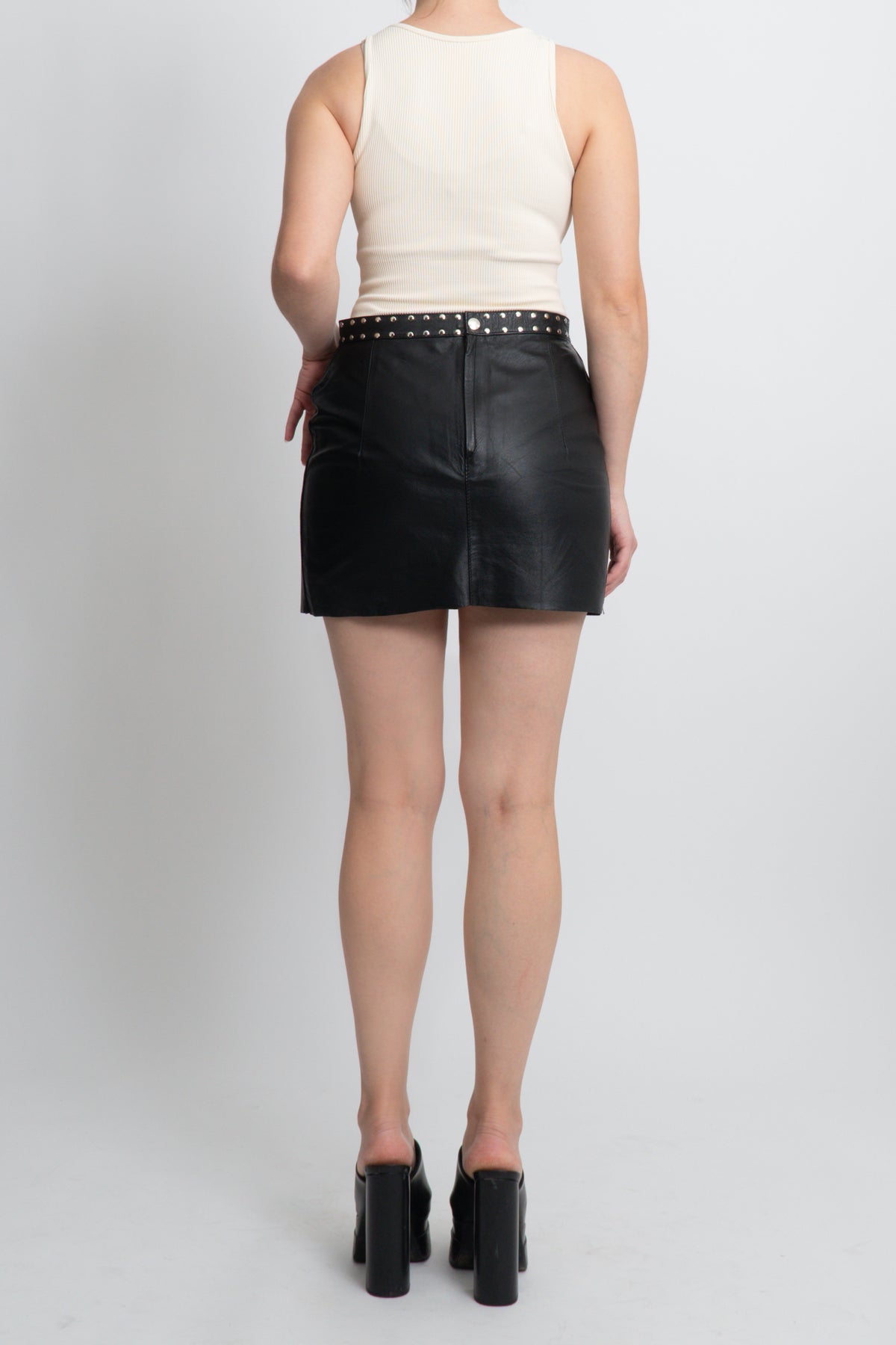 Vintage Studded Waist Black Leather Mini Skirt