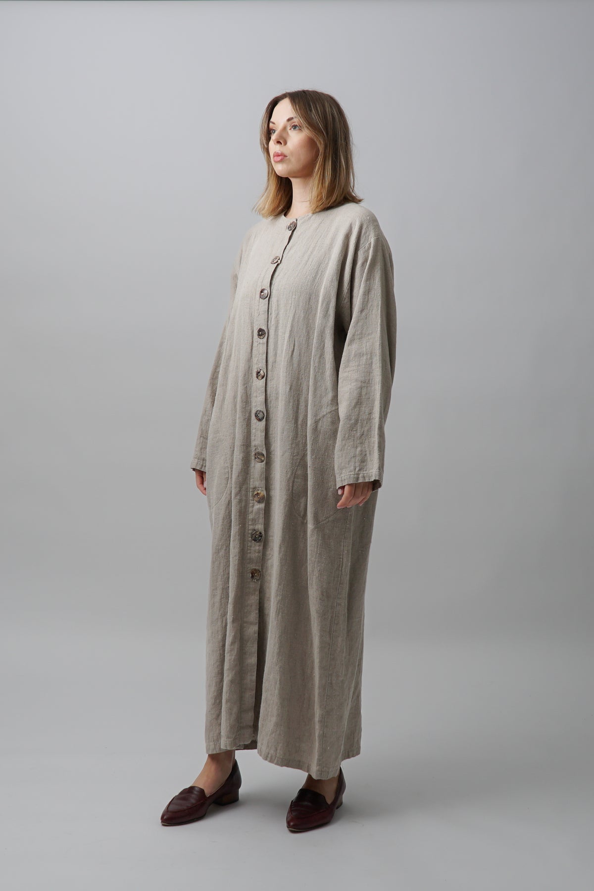 Vintage Tan 100% Linen Maxi Shirt Dress