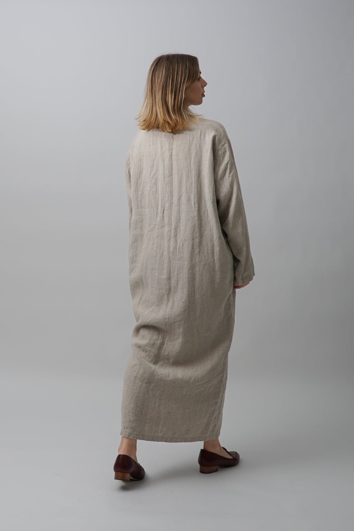 Vintage Tan 100% Linen Maxi Shirt Dress