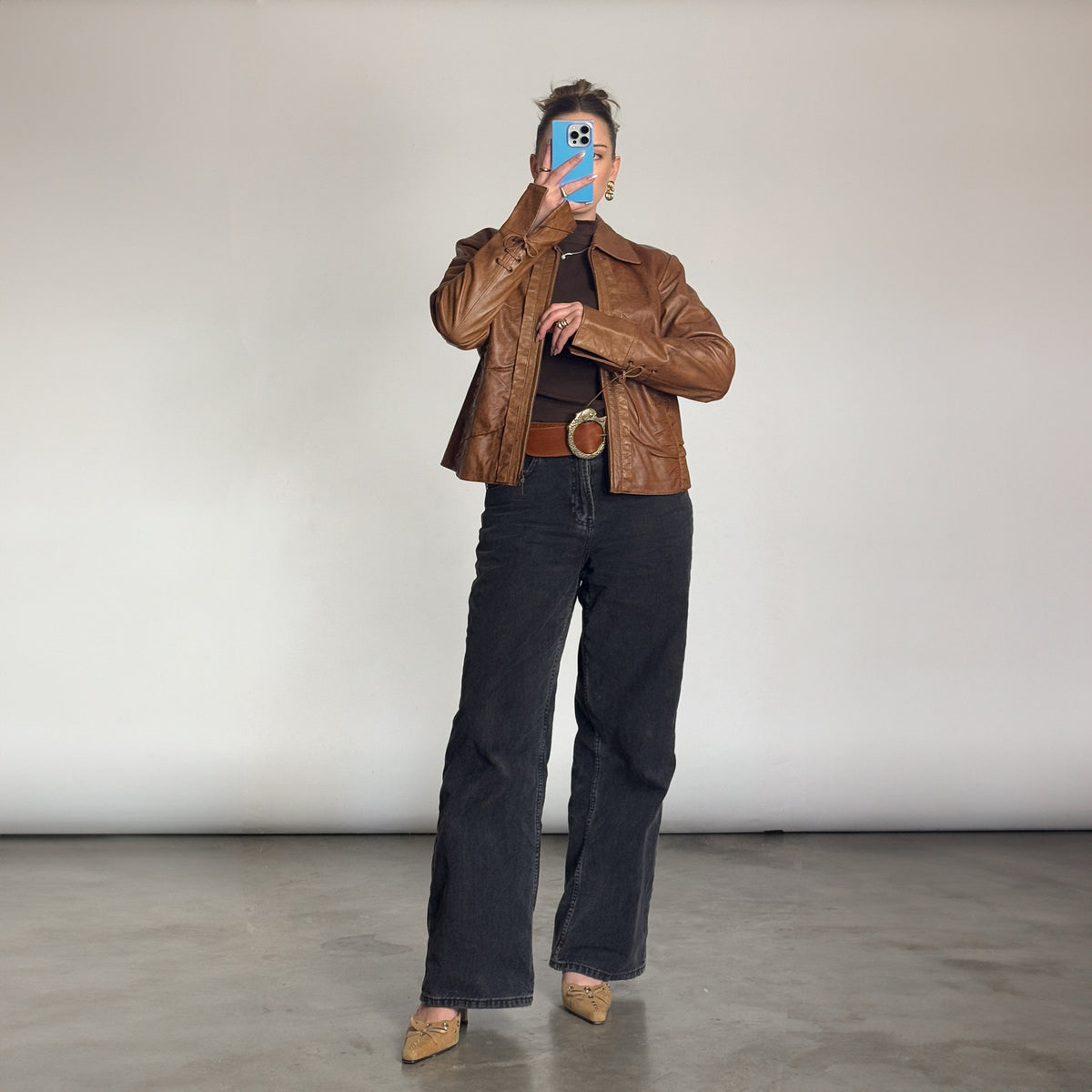 Vintage Brown Leather Ruffle Jacket