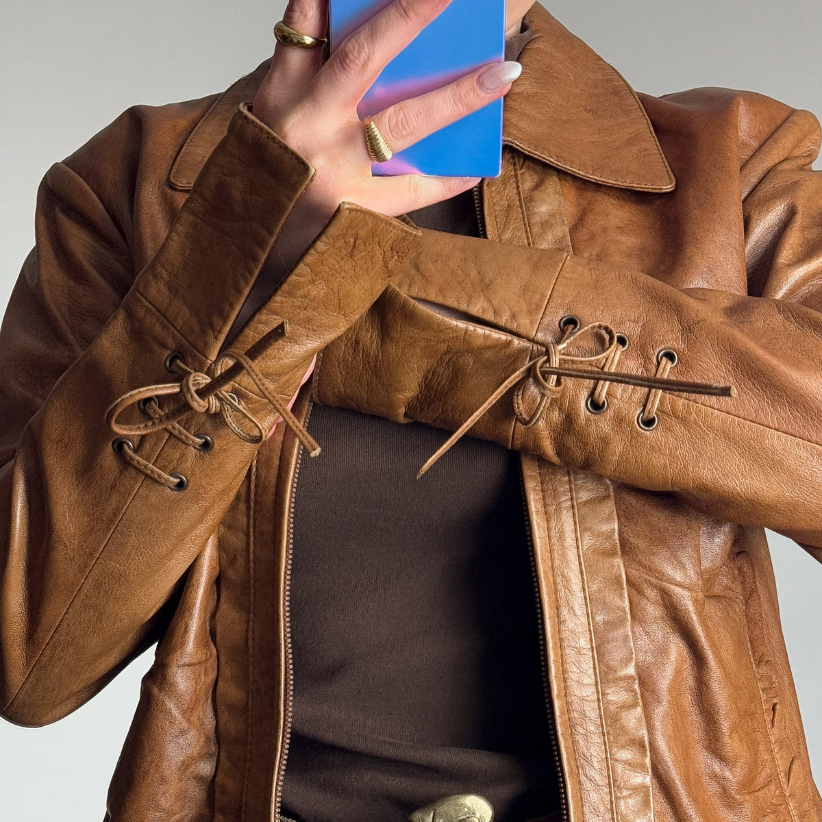 Vintage Brown Leather Ruffle Jacket