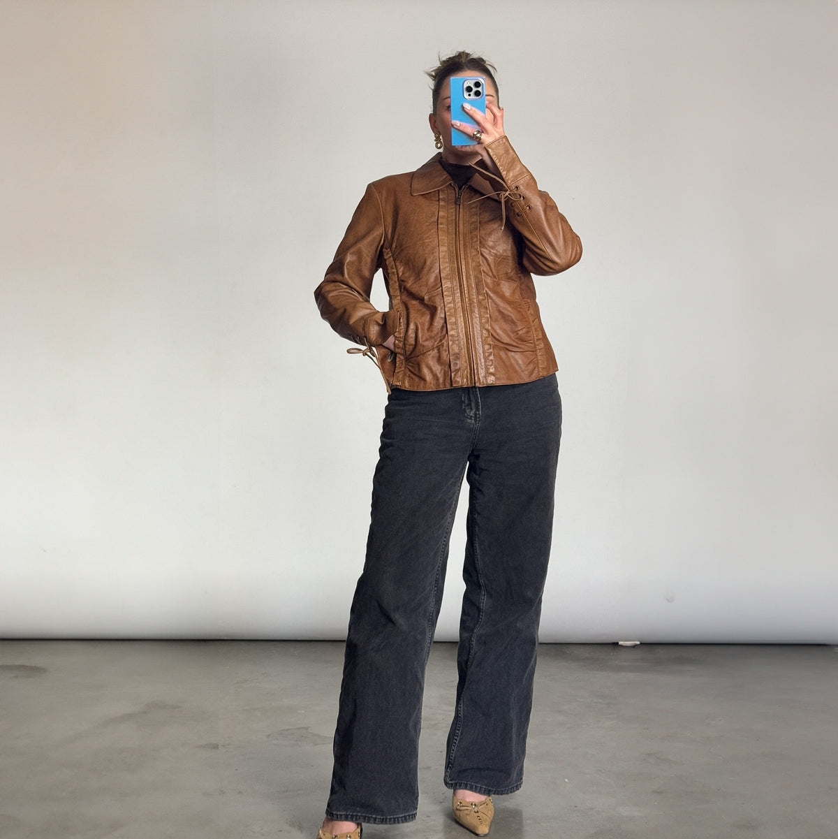 Vintage Brown Leather Ruffle Jacket