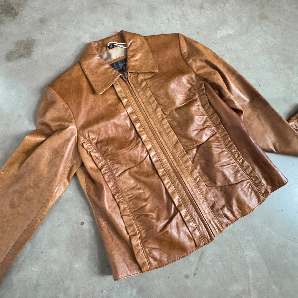 Vintage Brown Leather Ruffle Jacket