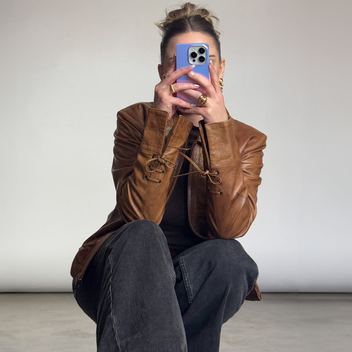 Vintage Brown Leather Ruffle Jacket