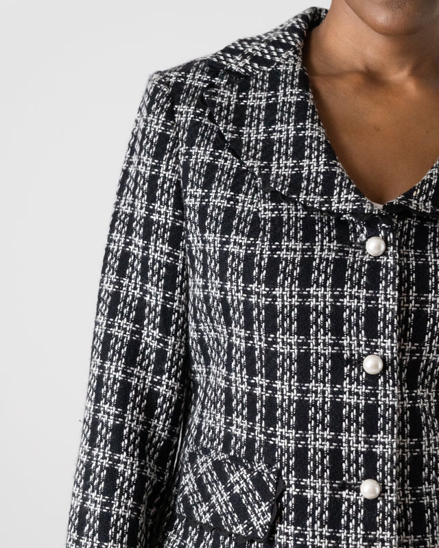 Vintage Black & White Tweed Plaid Pearl Blazer & Mini Skirt Set