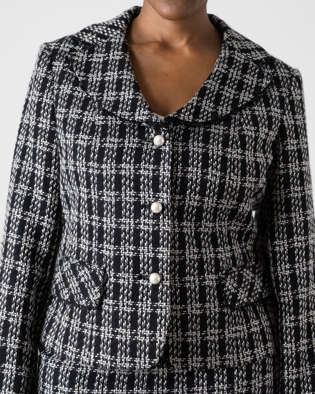 Vintage Black & White Tweed Plaid Pearl Blazer & Mini Skirt Set