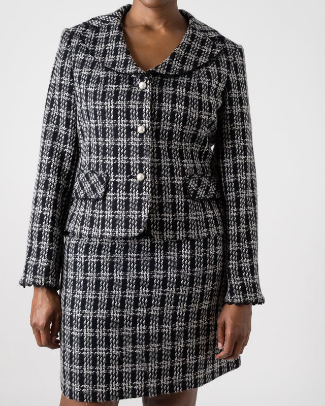 Vintage Black & White Tweed Plaid Pearl Blazer & Mini Skirt Set