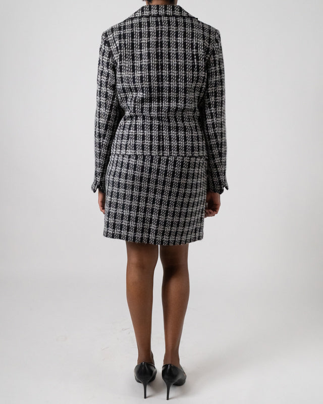 Vintage Black & White Tweed Plaid Pearl Blazer & Mini Skirt Set