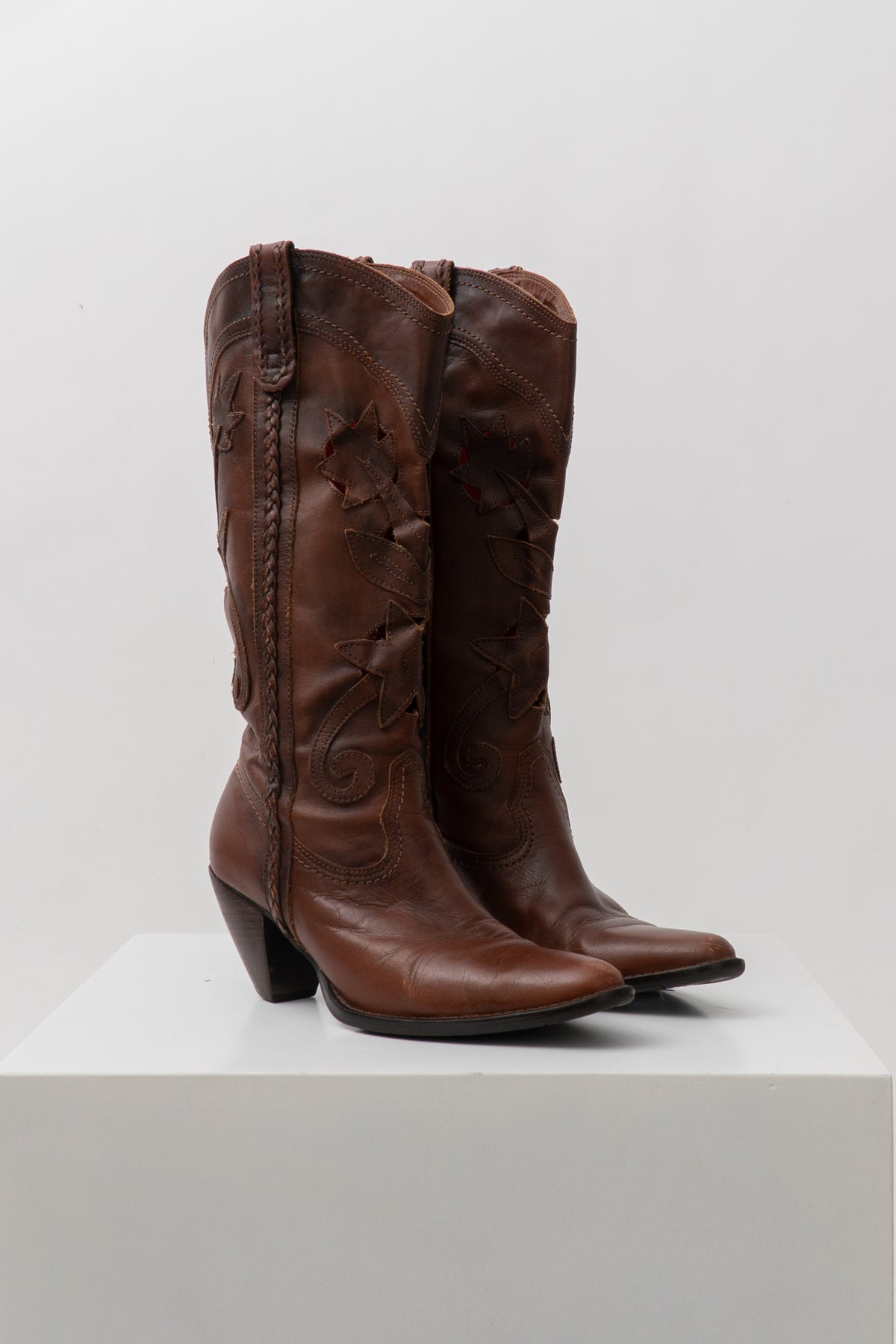 Y2K Brown Leather Lazercut Western Boots, Size 8