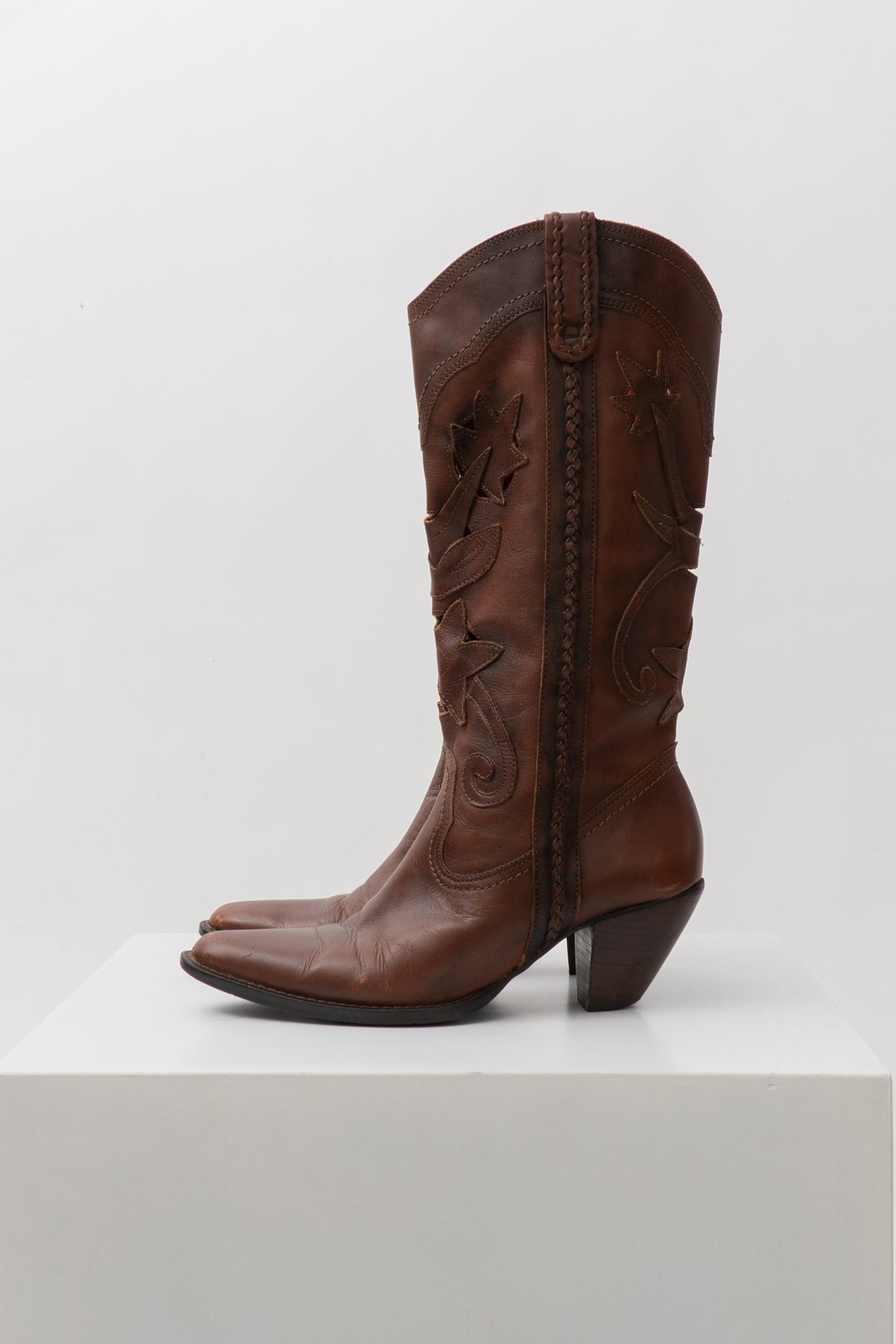 Y2K Brown Leather Lazercut Western Boots, Size 8