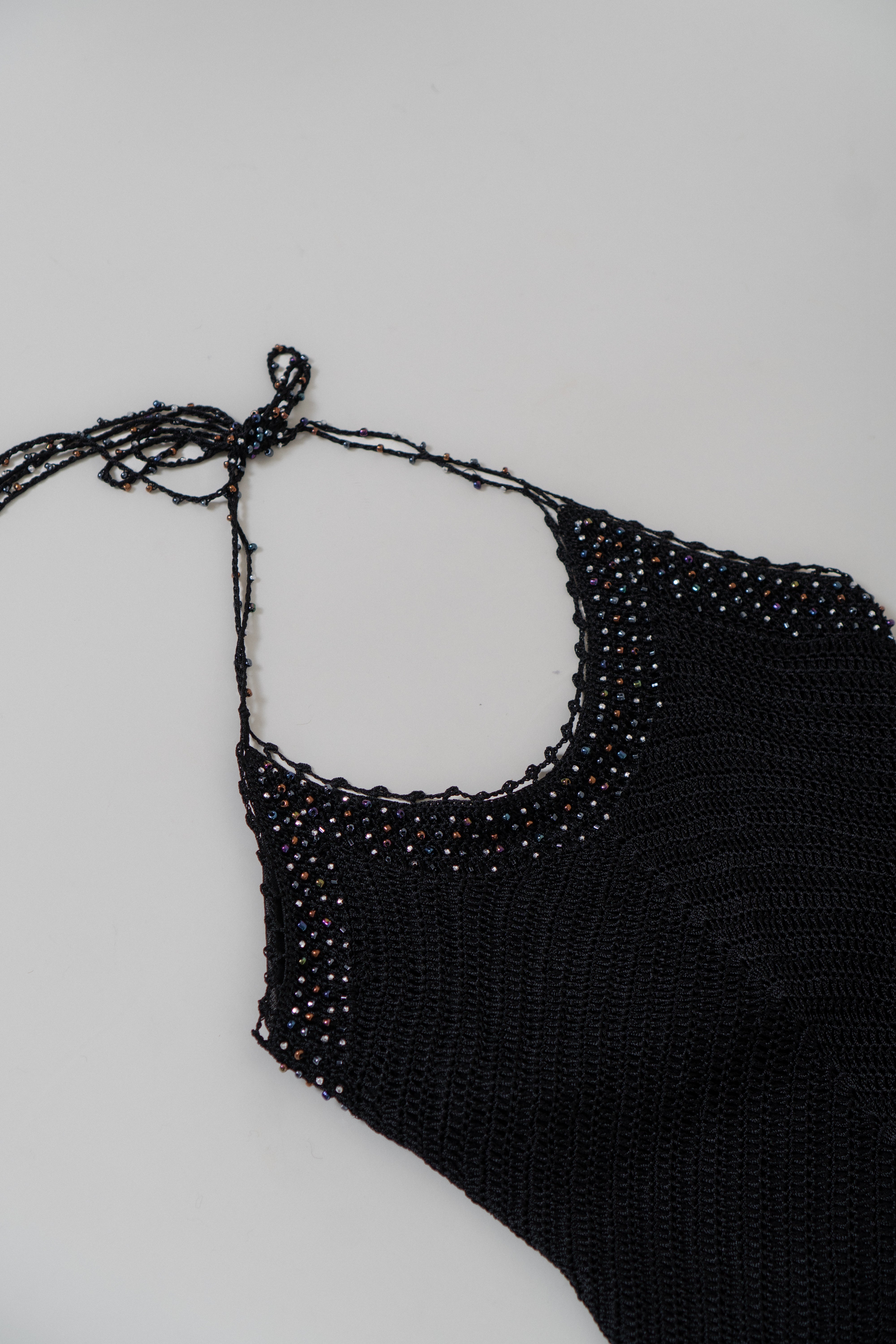 Y2K Black Crochet Beaded Halter Top