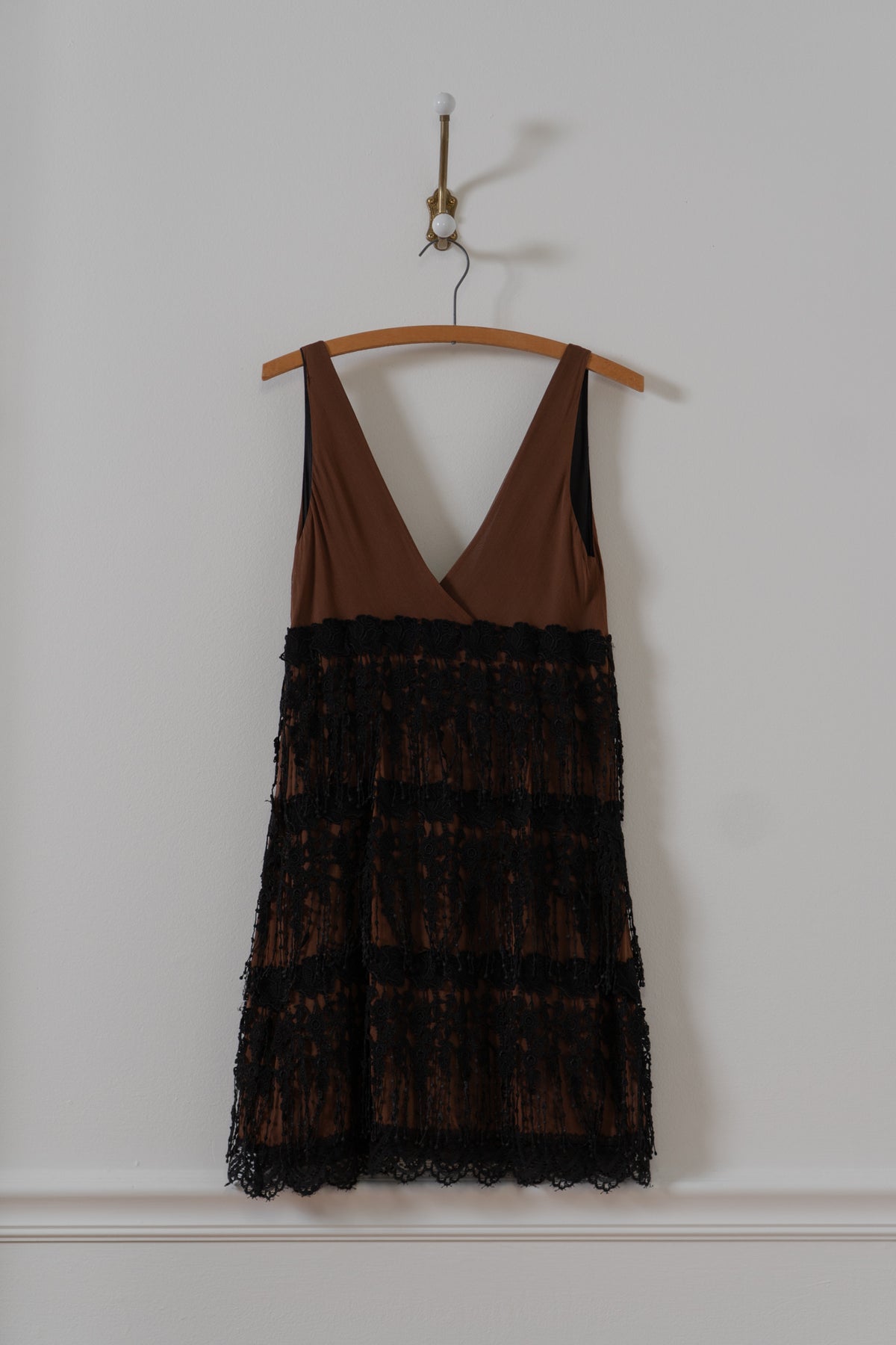 Y2K Brown Silk & Lace Dress