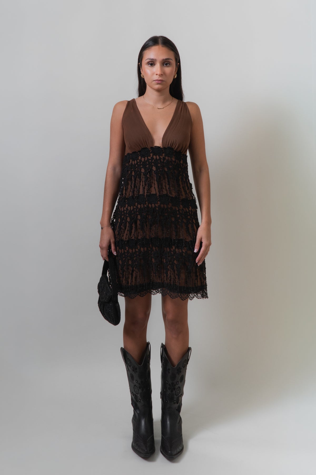 Y2K Brown Silk & Lace Dress