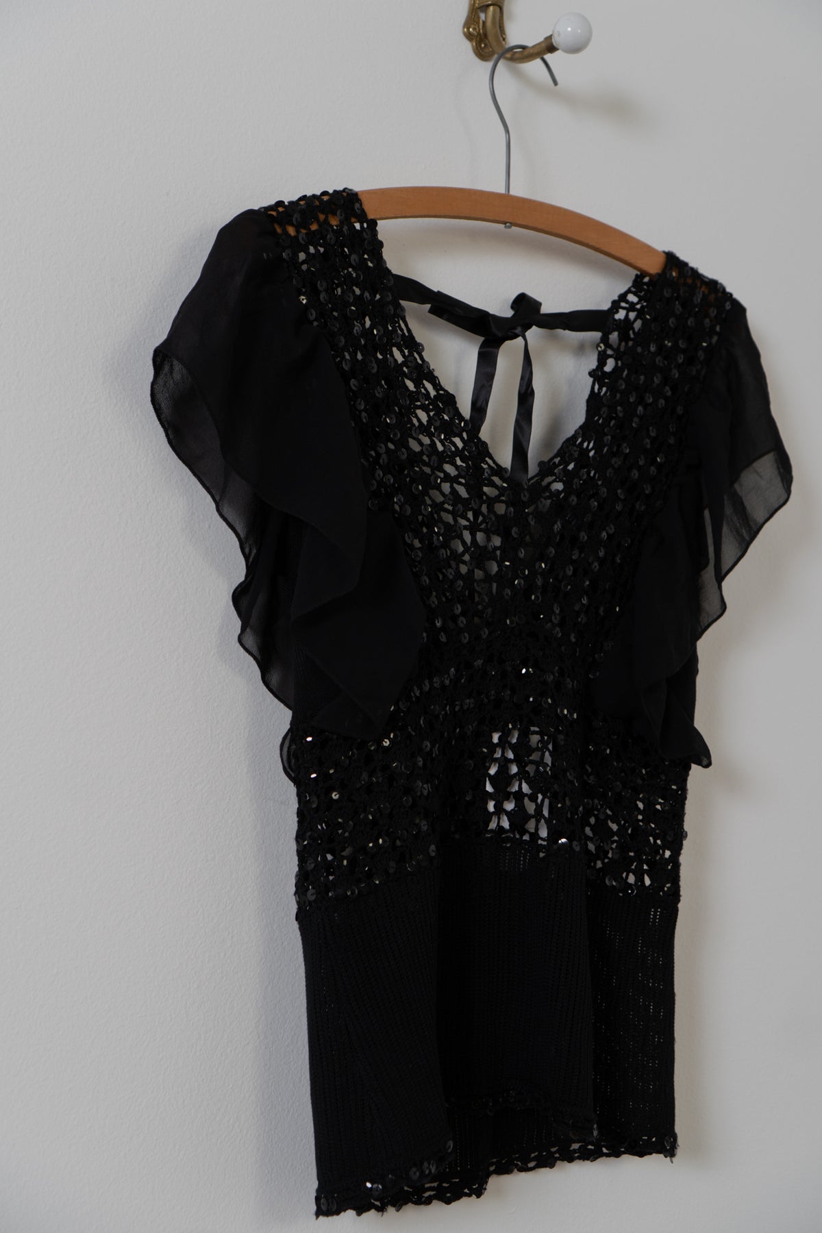 Vintage Black Silk Crochet Sheer Top