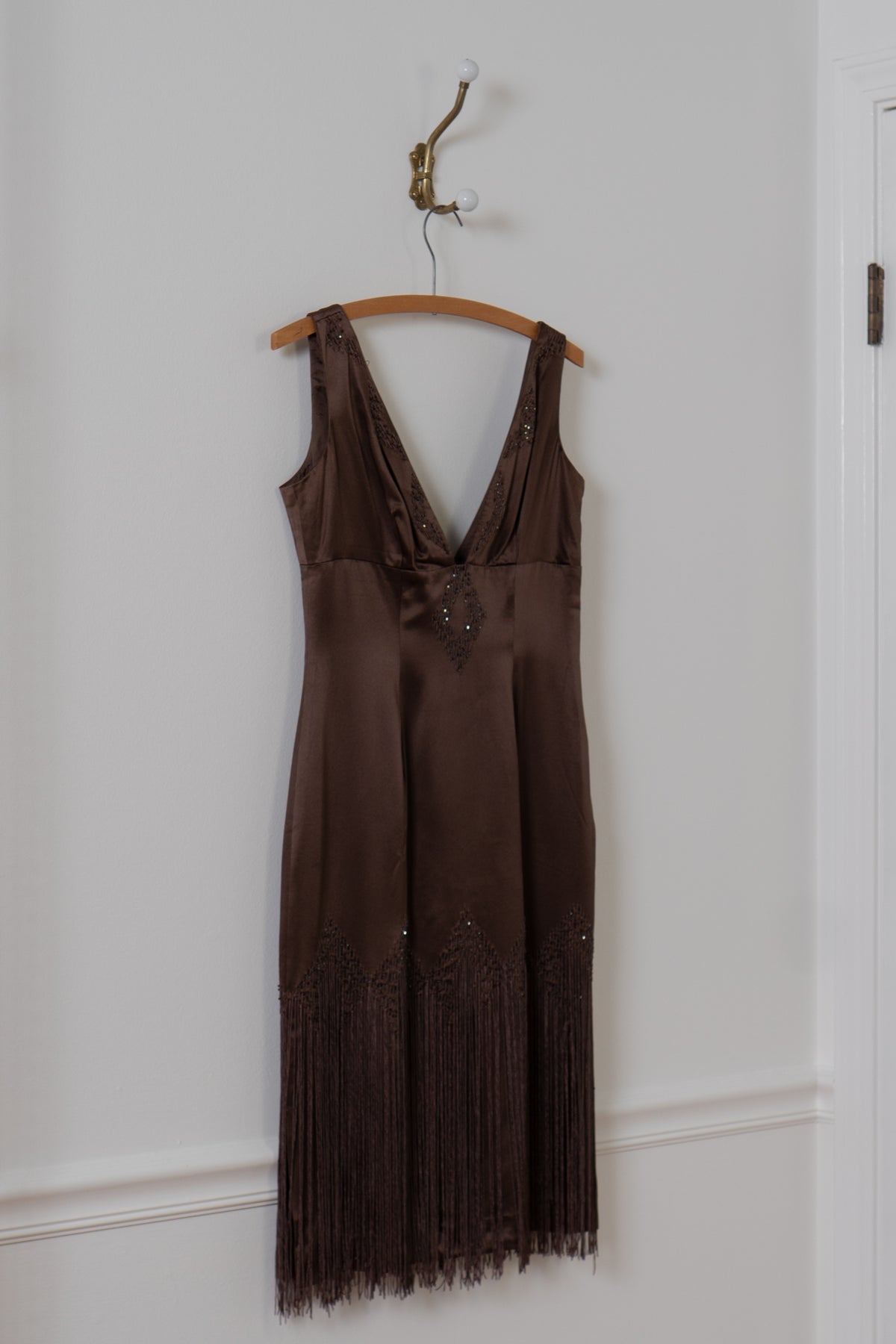 Vintage Brown Silk Fringe Beaded Dress