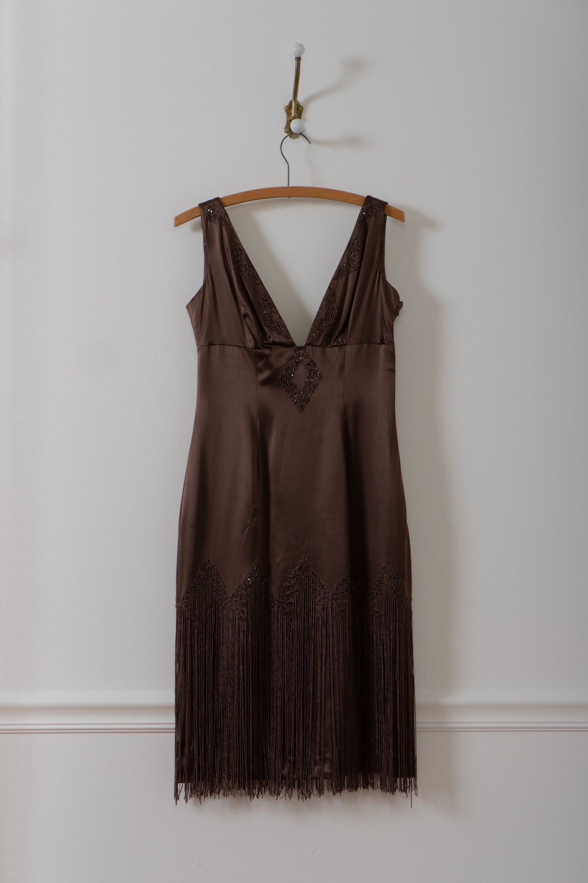 Vintage Brown Silk Fringe Beaded Dress