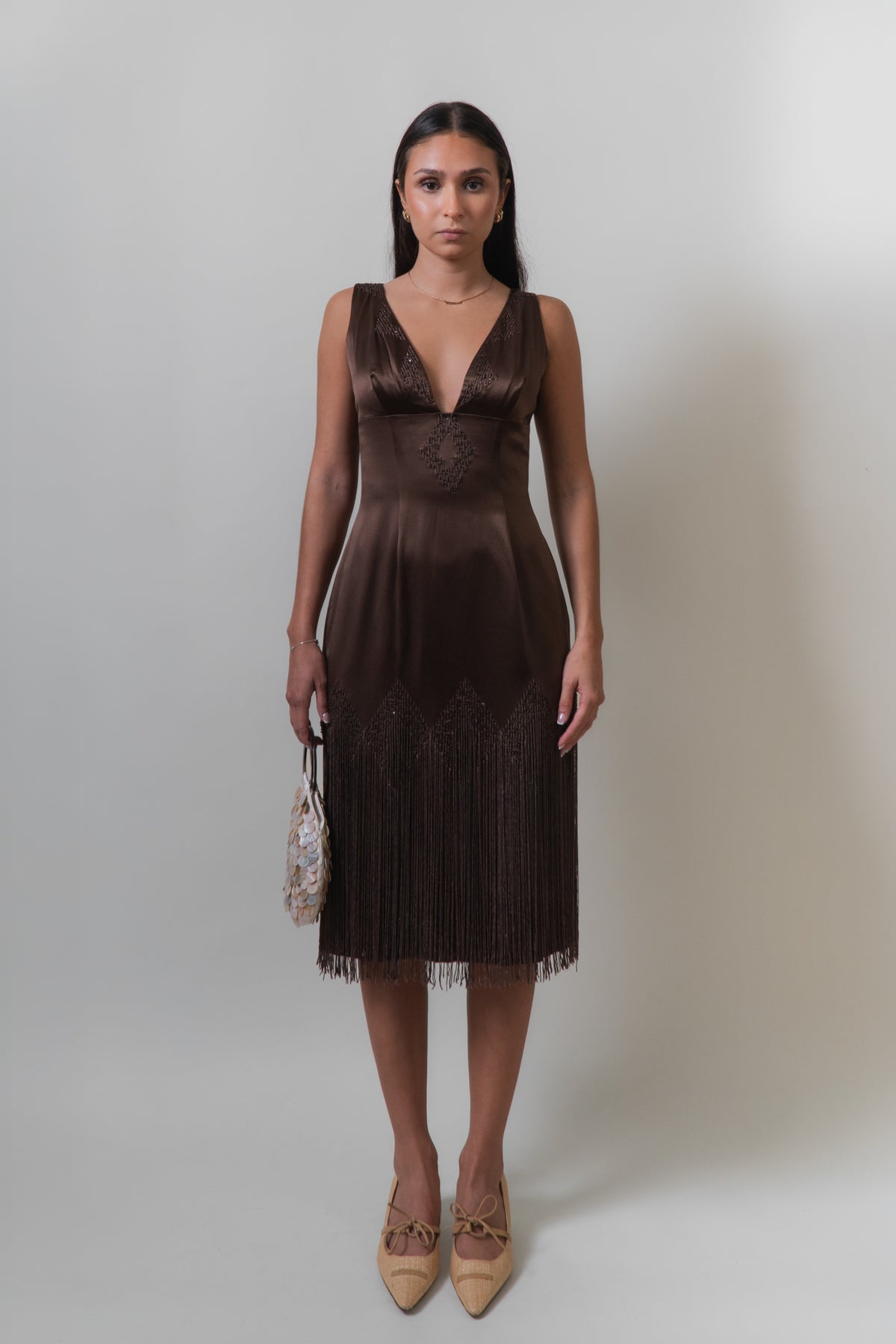 Vintage Brown Silk Fringe Beaded Dress