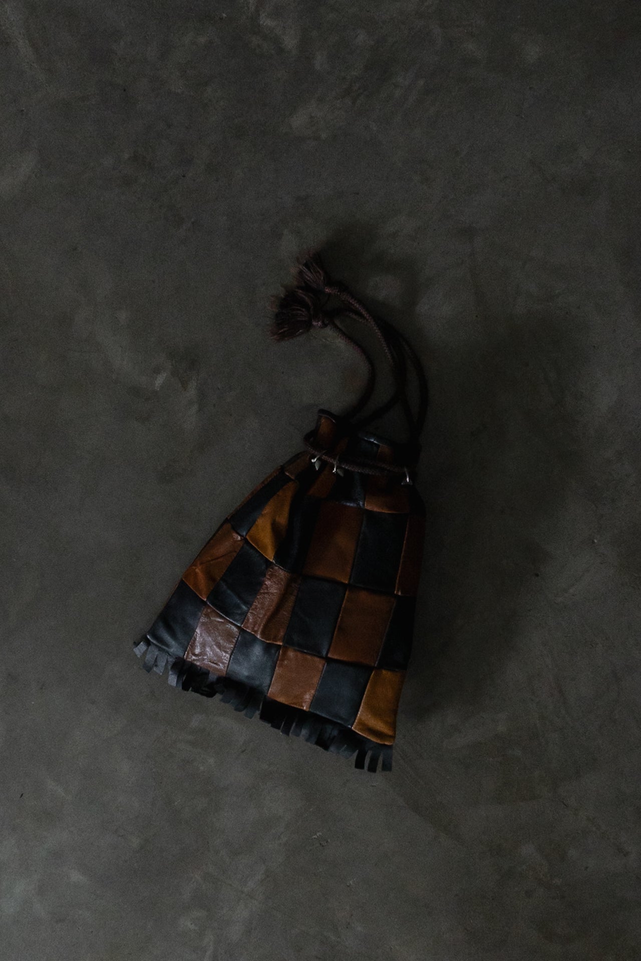Vintage Spanish Checkered Leather Drawstring Bag
