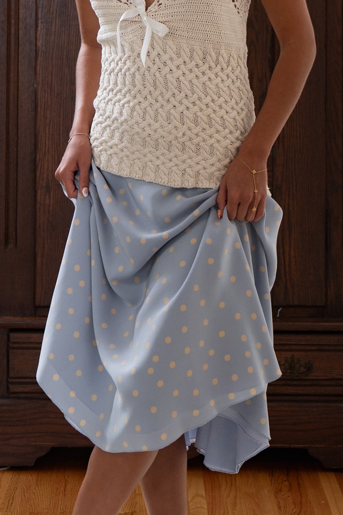 Vintage 100% Silk Periwinkle Polka Dot Skirt