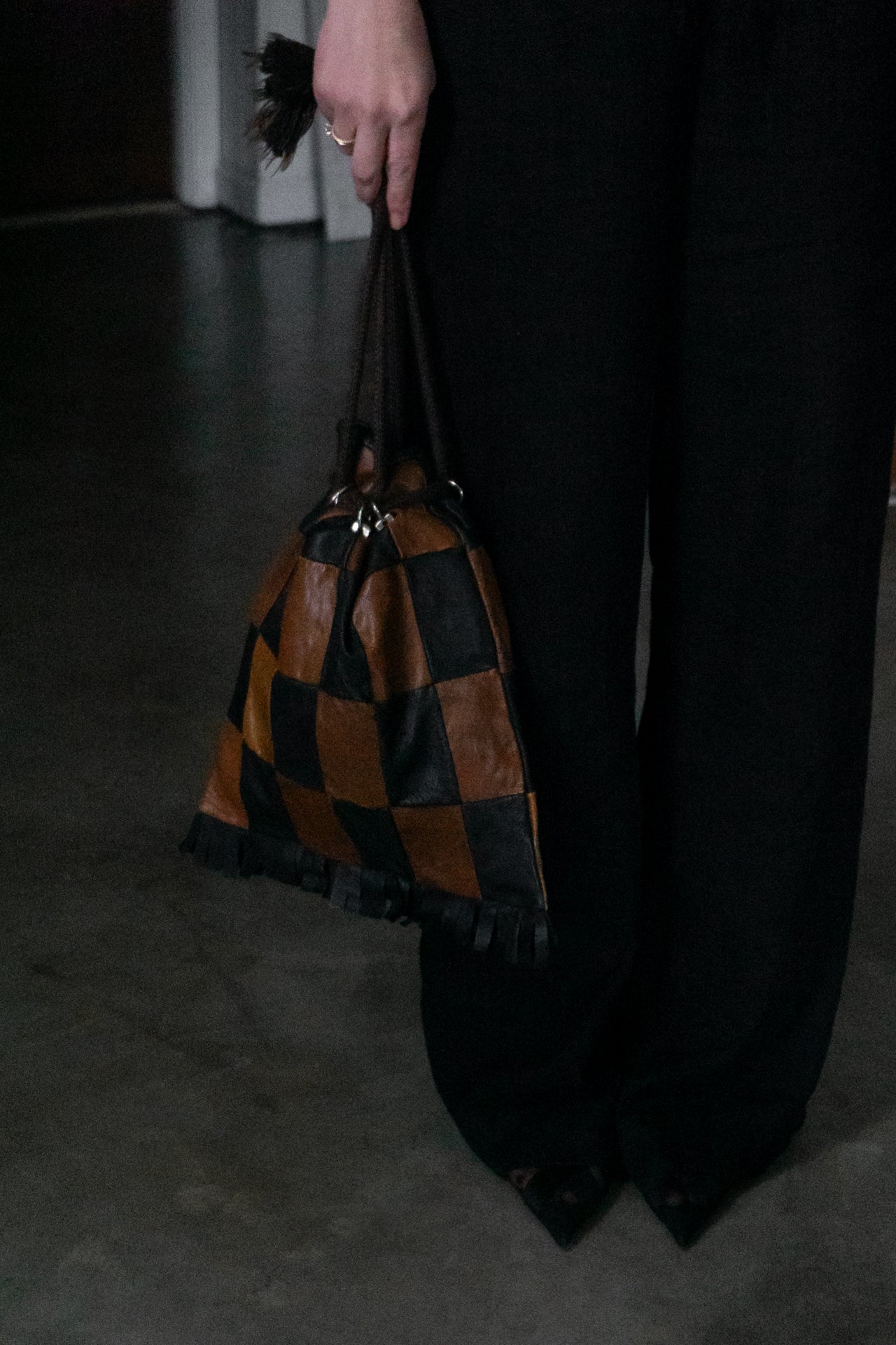 Vintage Spanish Checkered Leather Drawstring Bag