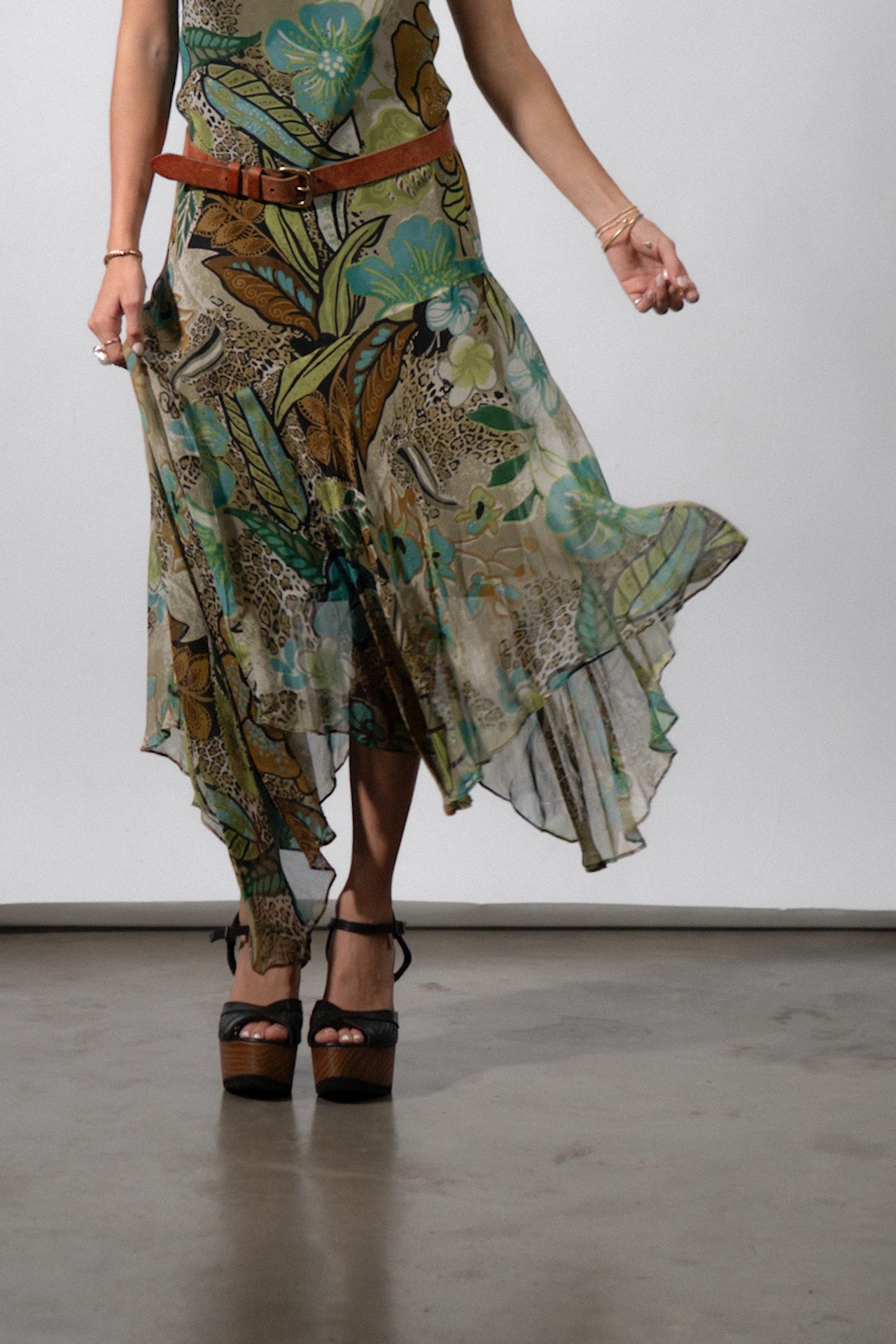 Y2K Floral Chiffon Green Dress
