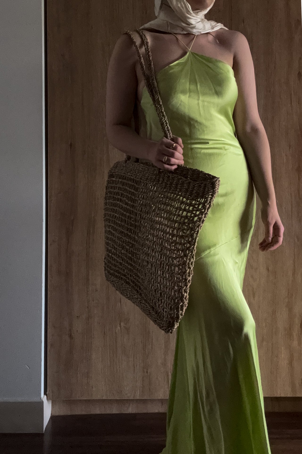 Lime Satin Halter Dress