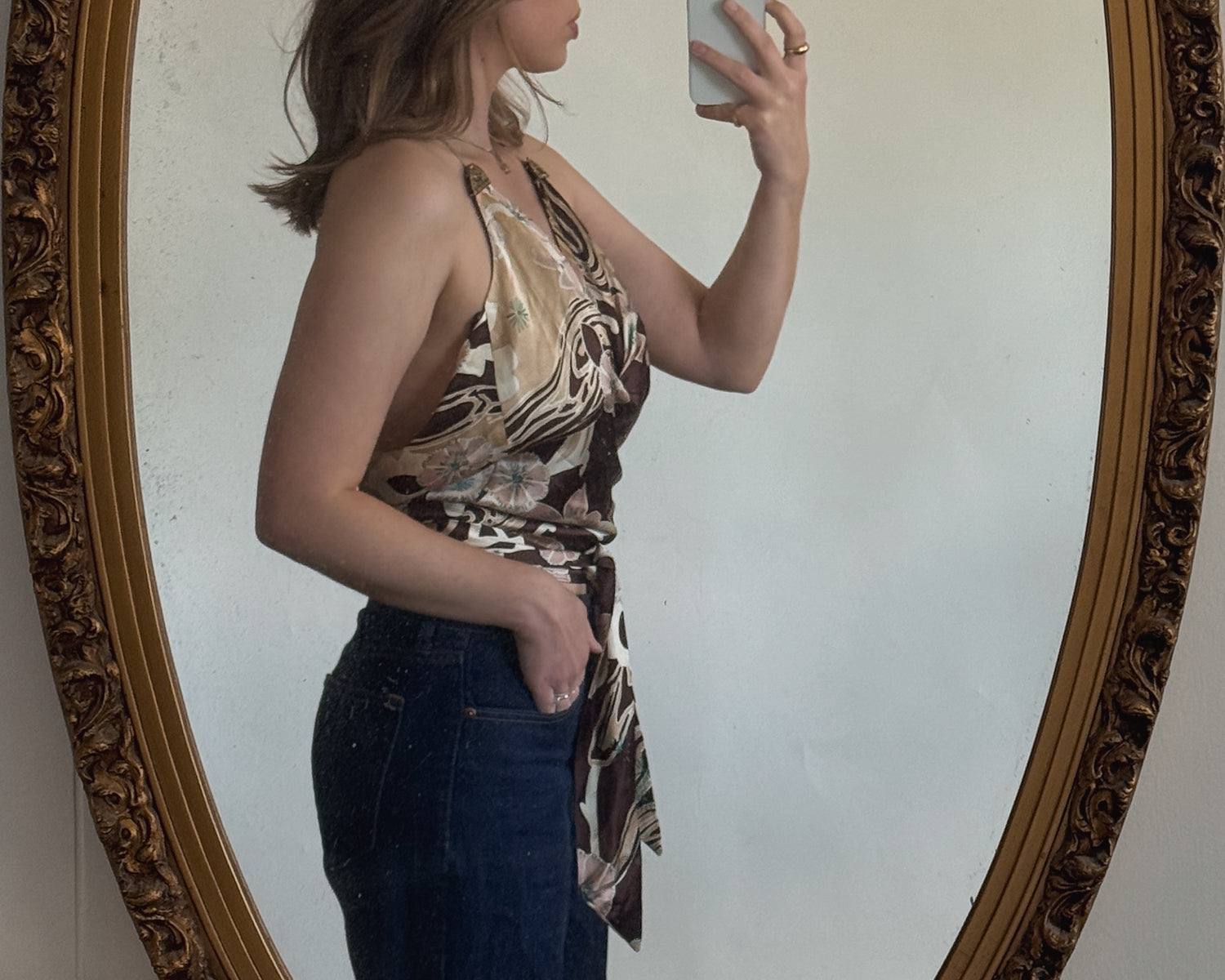 Vintage Brown Abstract Silk Halter Top