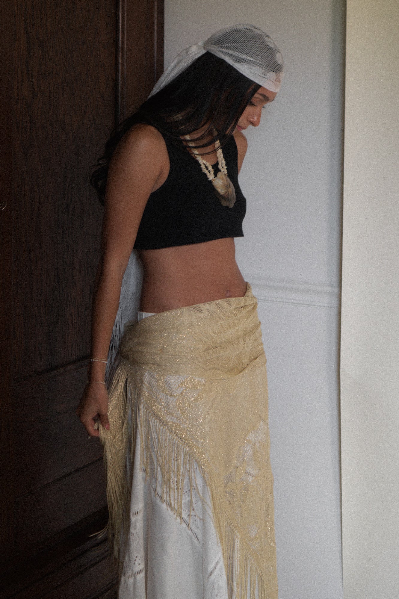 Vintage Gold Crochet Fringe Shawl
