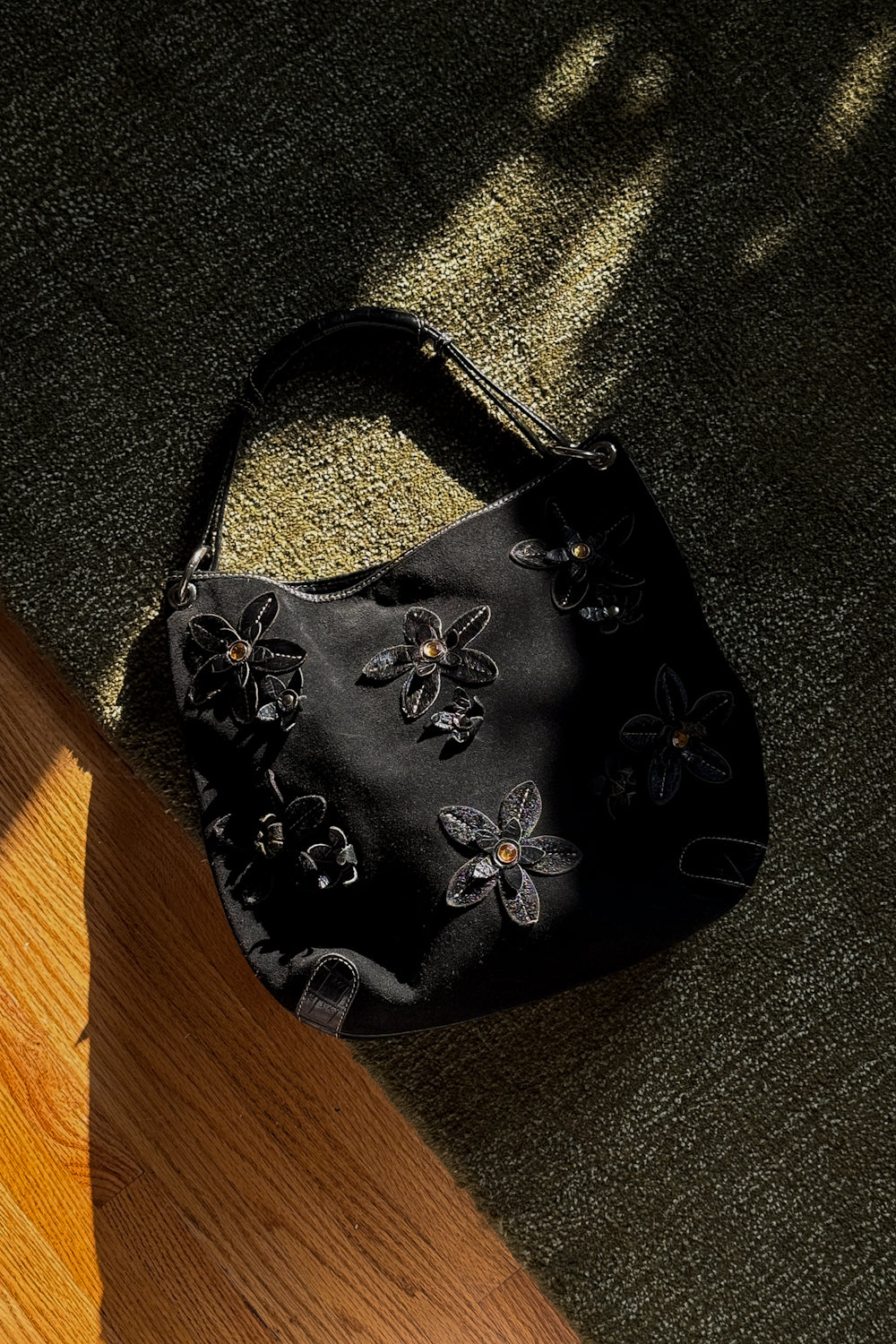 Vintage Italian Black Suede Floral Hobo Bag