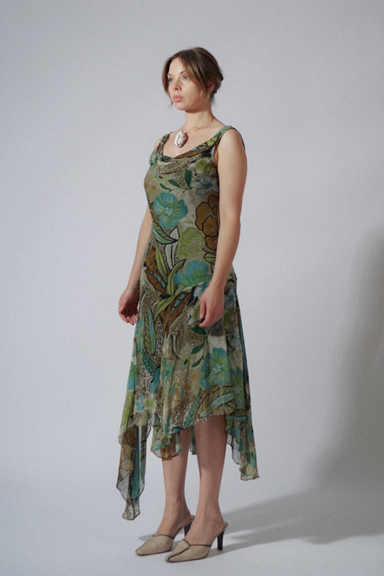 Y2K Floral Chiffon Green Dress