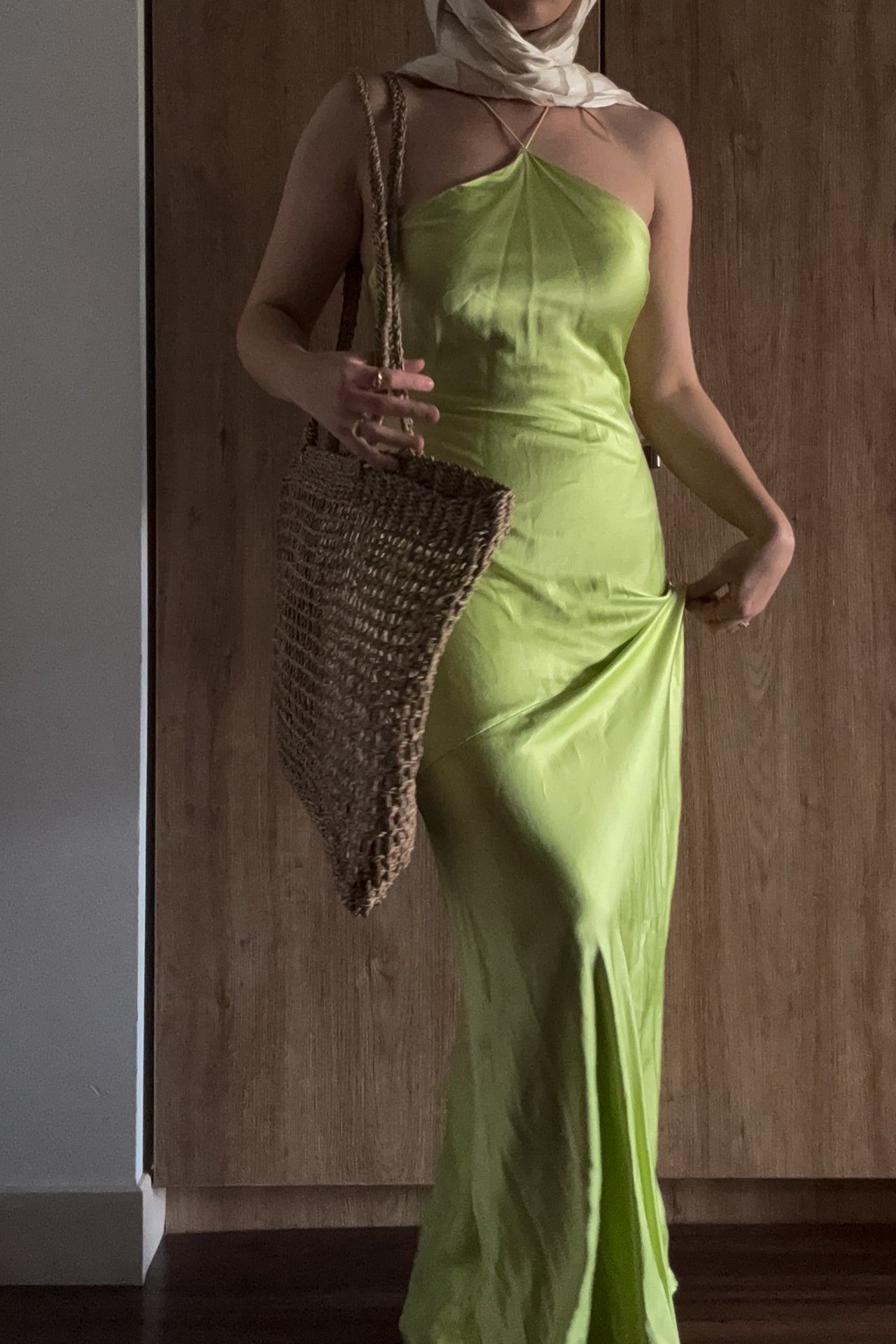 Lime Satin Halter Dress