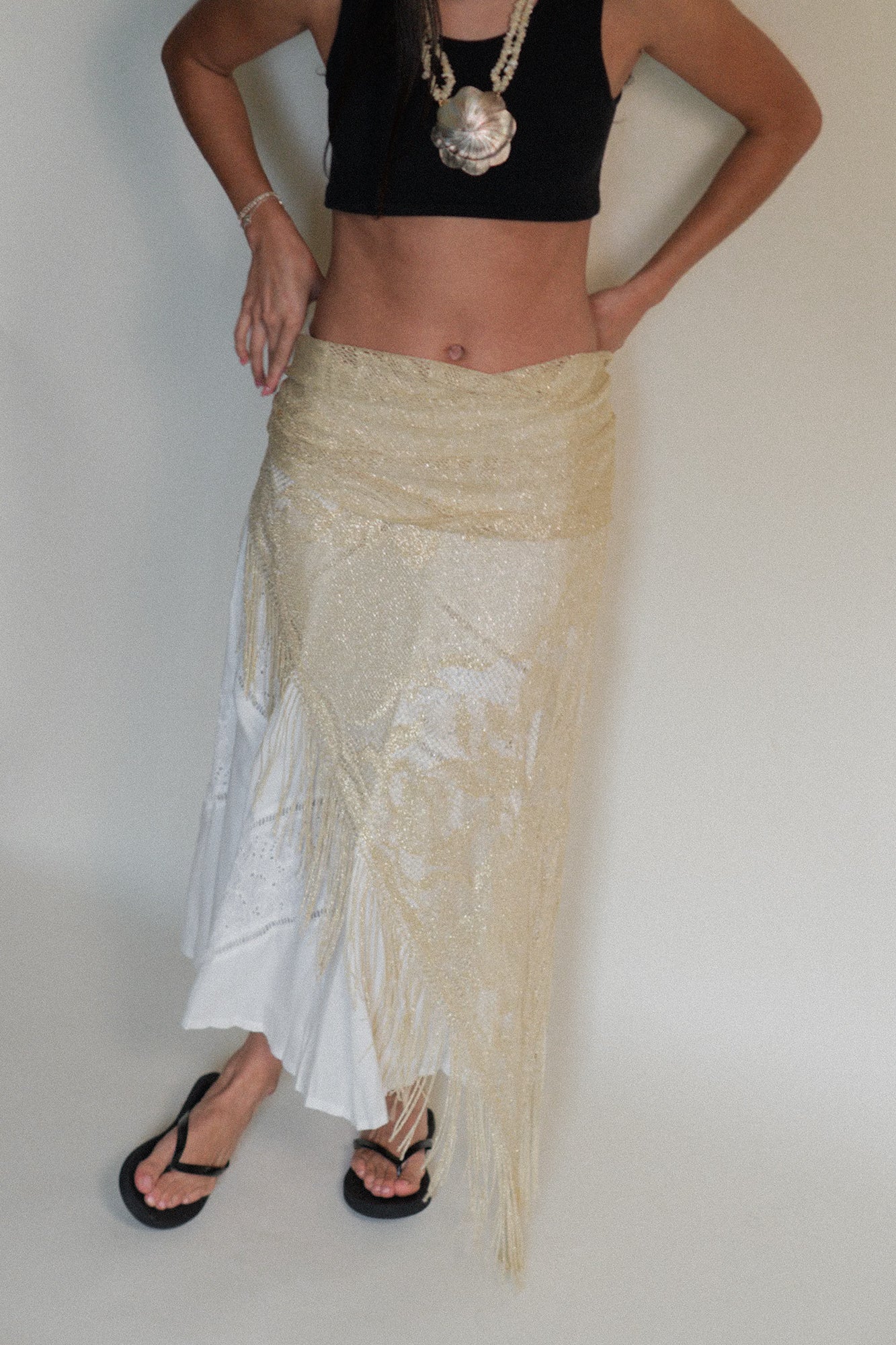 Vintage Gold Crochet Fringe Shawl