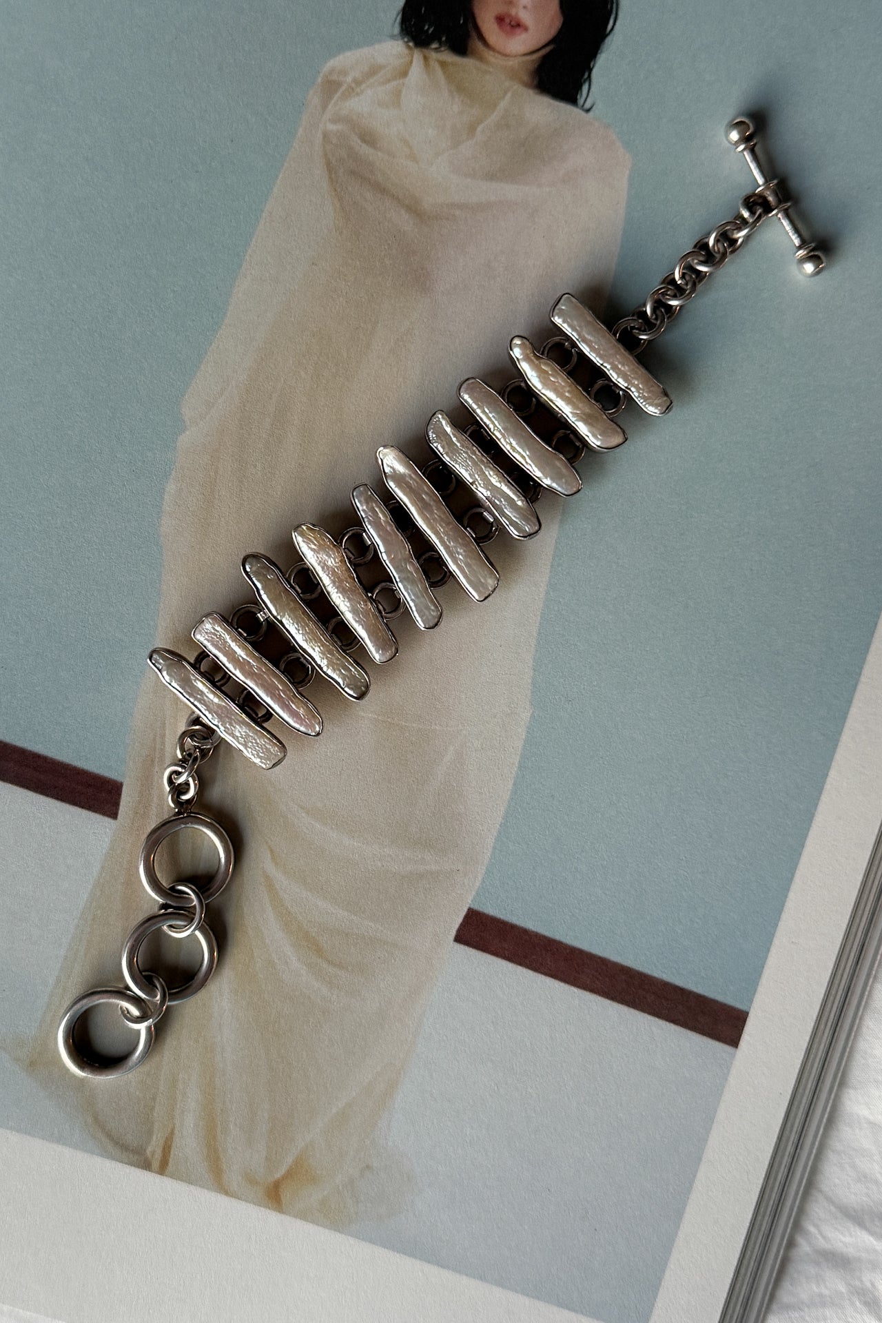 Vintage Pearl Baroque Sterling Silver Toggle Bracelet