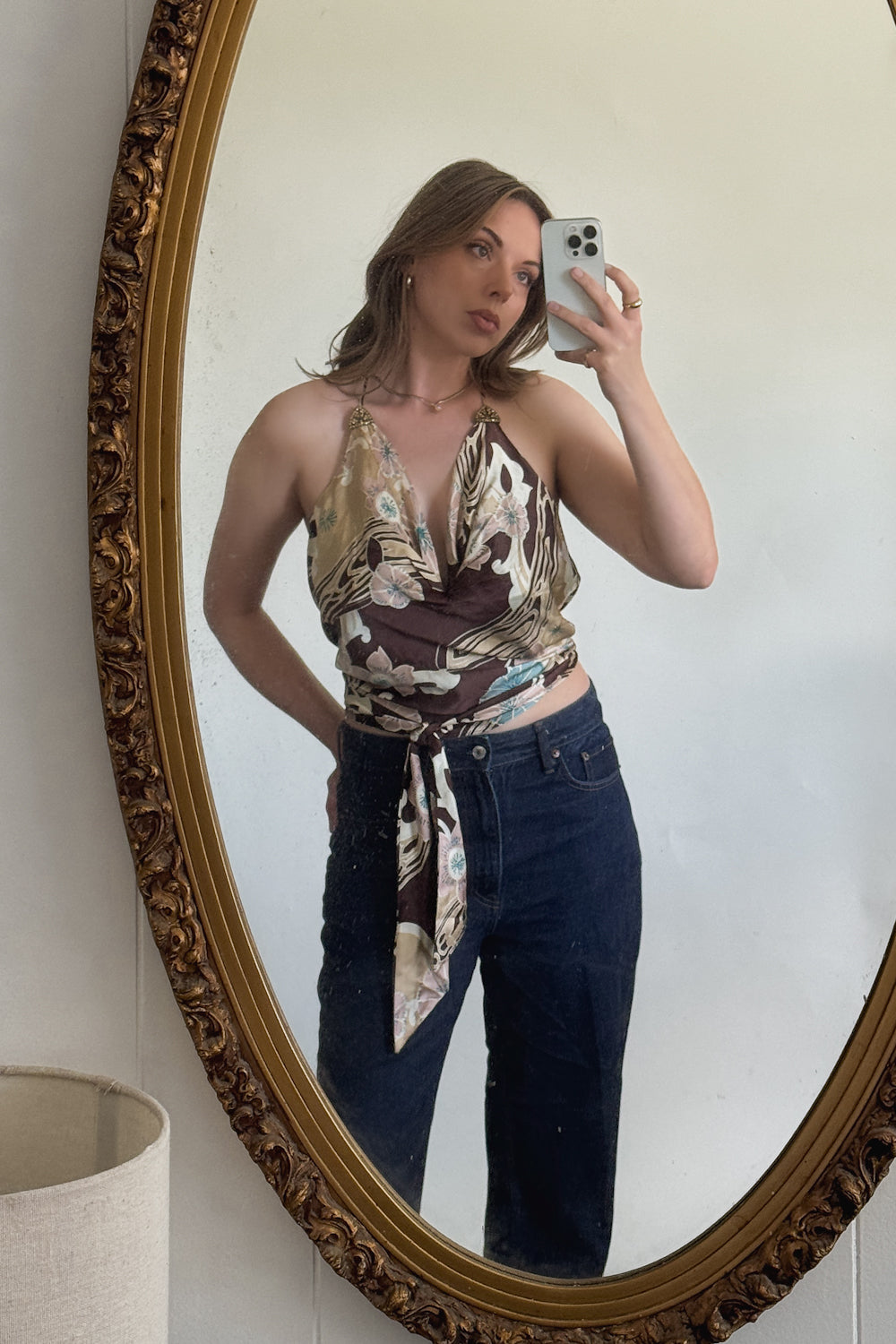 Vintage Brown Abstract Silk Halter Top