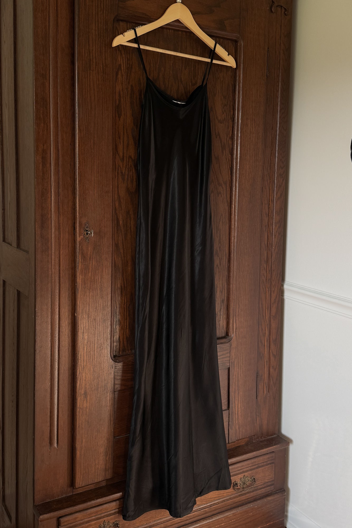 Vintage Black Satin Maxi Slip Dress