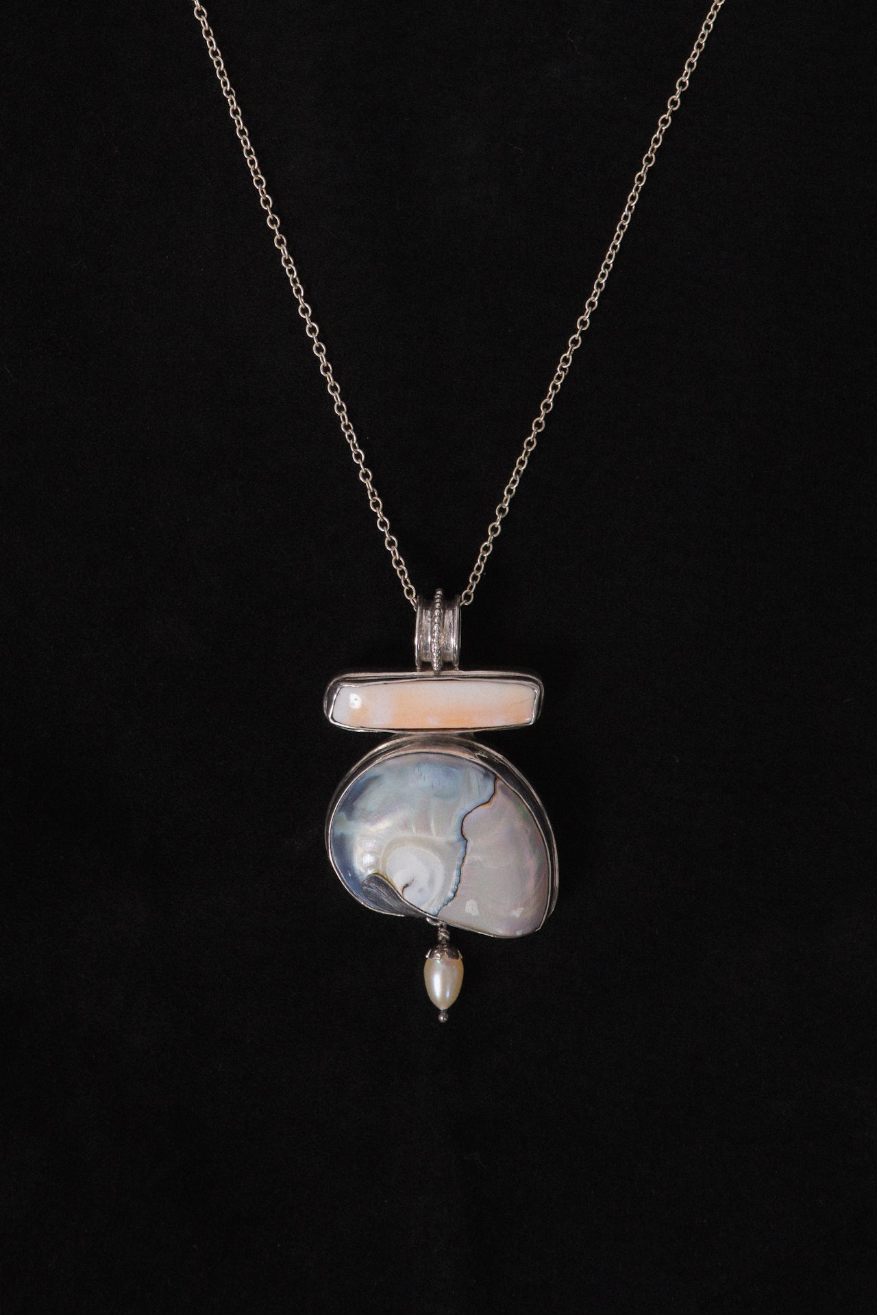 Vintage Nautilus Sterling Silver Inlay Pendant Necklace