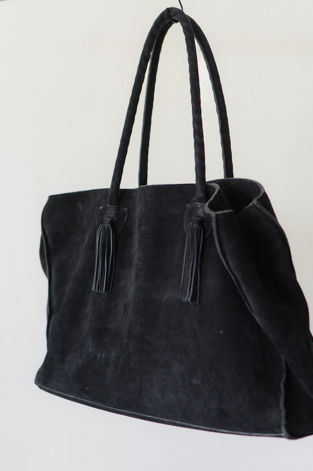 Oversized Black Suede Fringe Tote