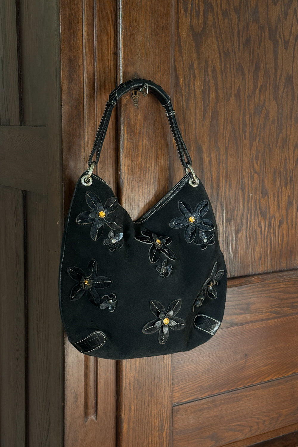 Vintage Italian Black Suede Floral Hobo Bag