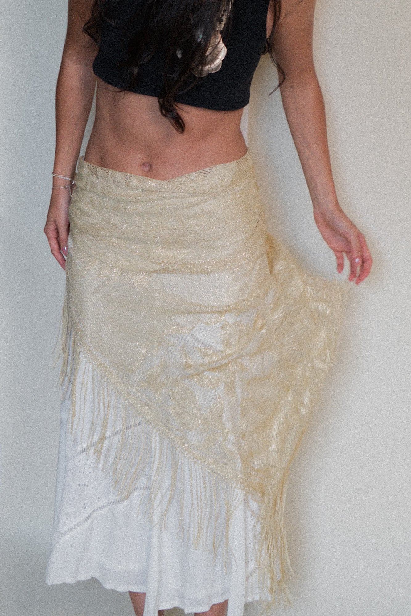 Vintage Gold Crochet Fringe Shawl