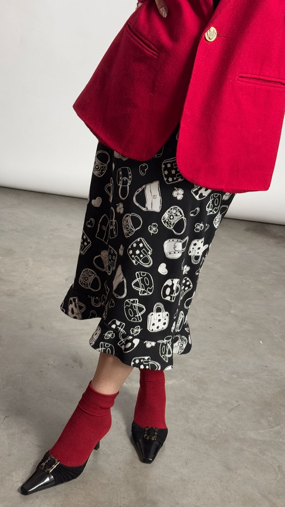 Vintage Whimsy Bag Print Midi Skirt