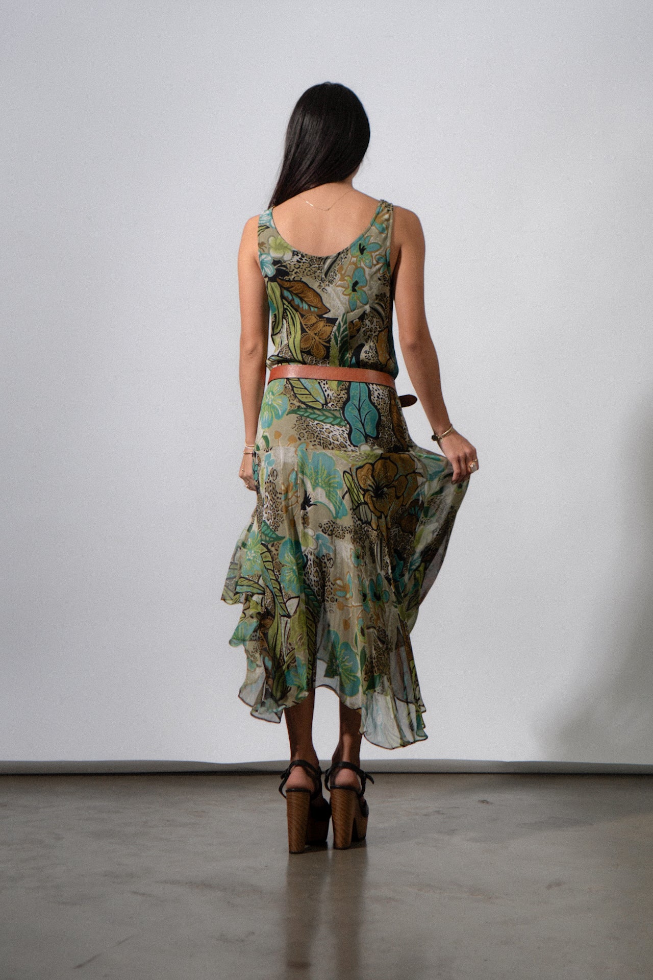 Y2K Floral Chiffon Green Dress
