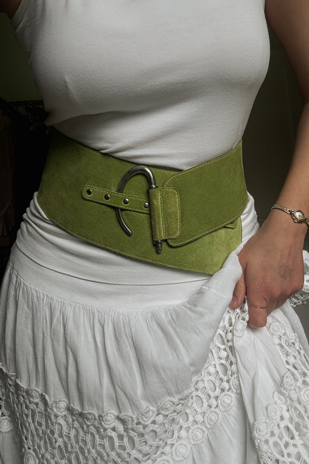 Vintage Italian Green Suede Architectural Belt