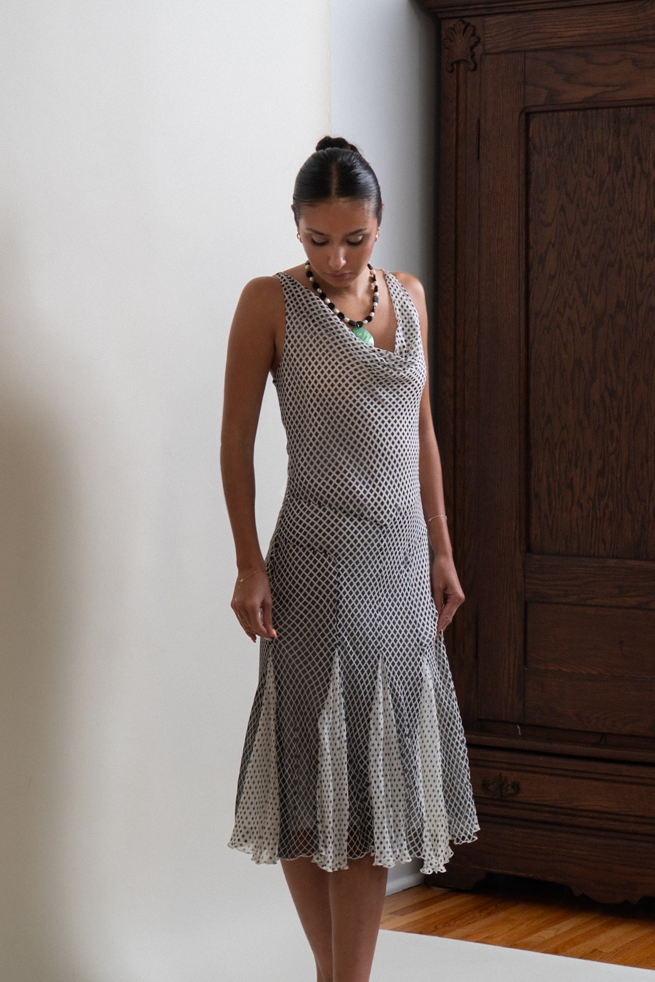 Vintage 100% Silk Diamond Dotted Dress