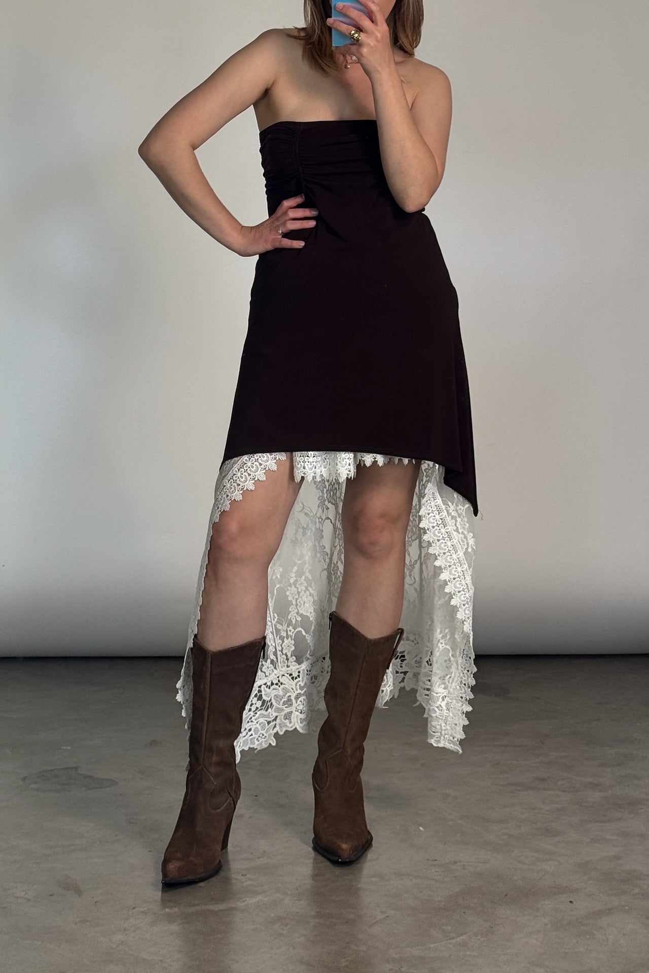 Y2K Handkerchief Hem Brown Strapless Dress Rare Fien Y2K Handkerchief Hem Brown Strapless Dress Rare Fien